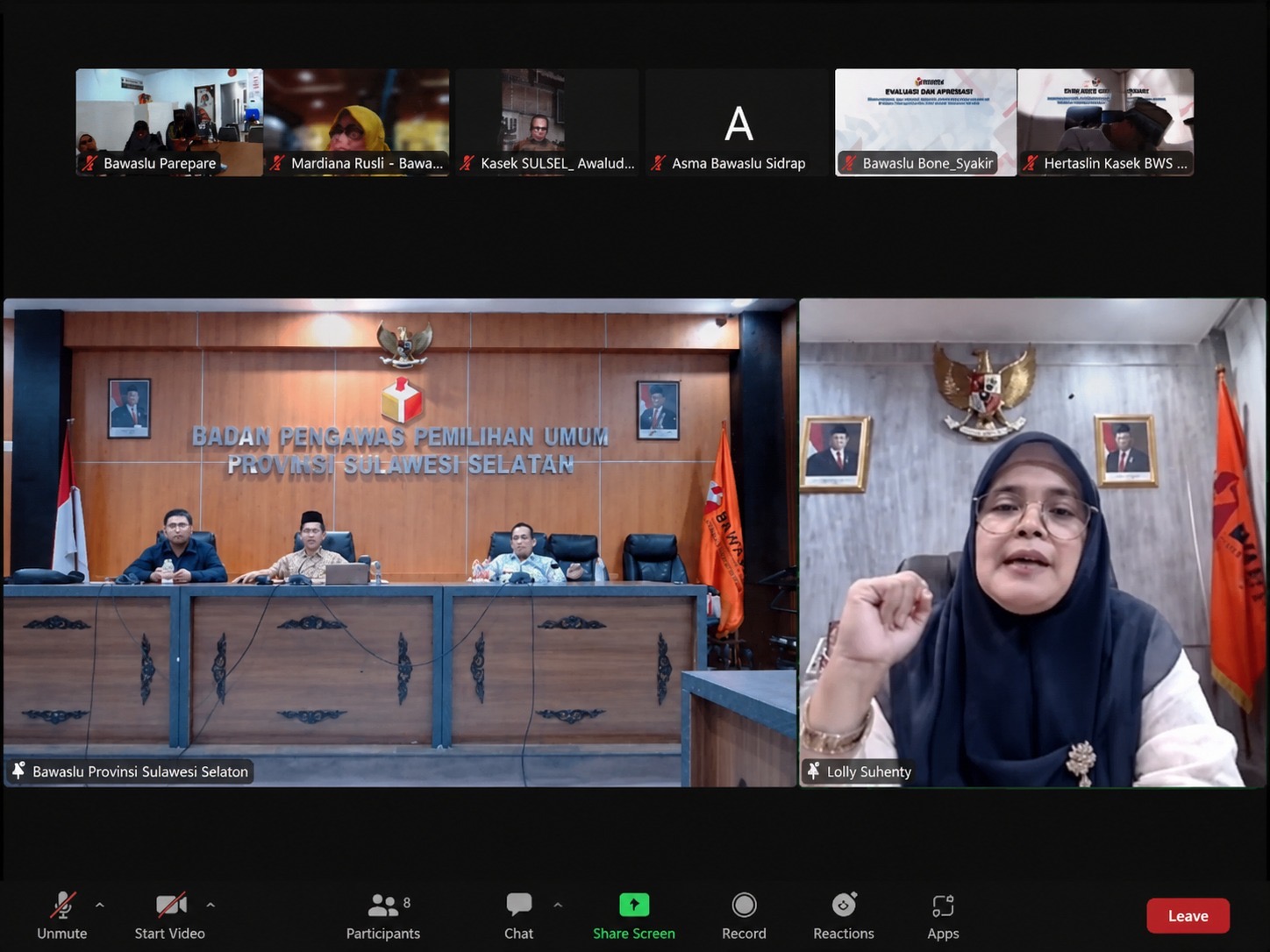 Tangkapan Layar Zoom Meeting pada kegiatan Evaluasi dan Apresiasi Pelaksanaan Tugas Divisi Pencegahan dan Partisipasi Masyarakan Bawaslu Kabupaten/Kota se- Propinsi Sulawesi Selatsn